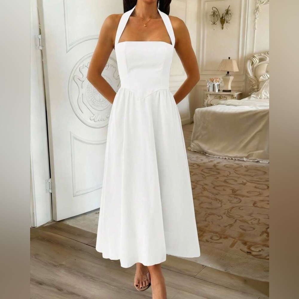 White halter midi dress
